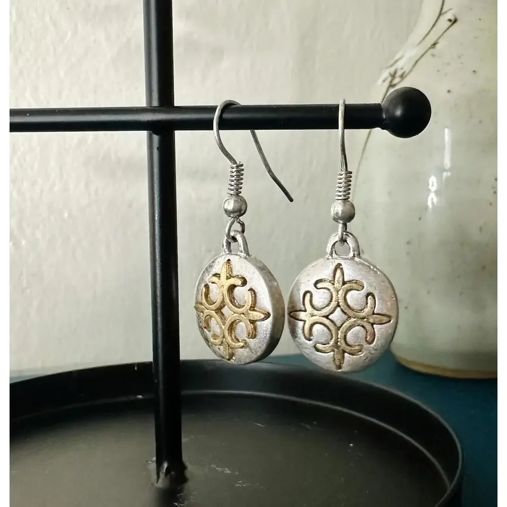 Open Cross Mismatched (Raised, Inlaid) Drop Silver- Gold-Tone Earrings - Picture 1 of 6